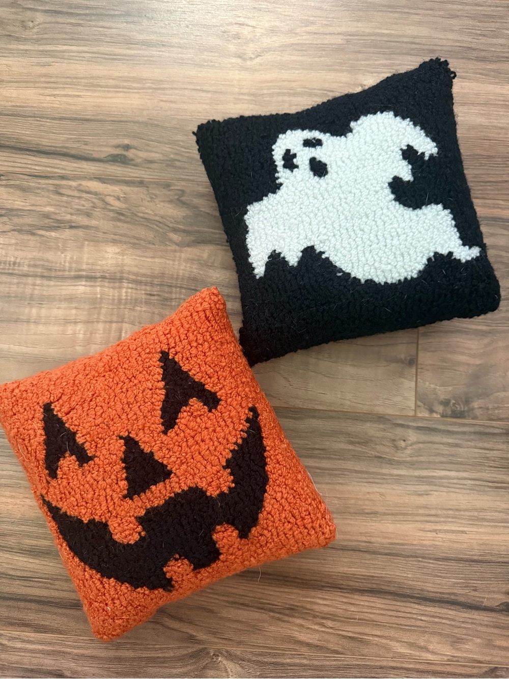 Mini Halloween Needlepoint Jack-O'-Lantern and Ghost Throw Pillow Set